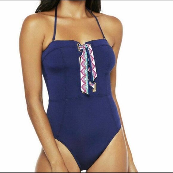 Trina Turk Paradise Bandeau Lace-Up One-Piece Swim Size 2 - Picture 10 of 11